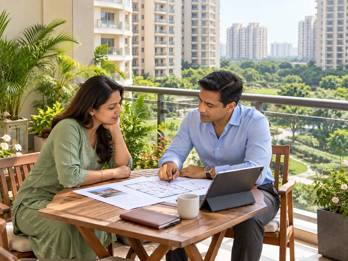 Going through a floor plan on a balcony