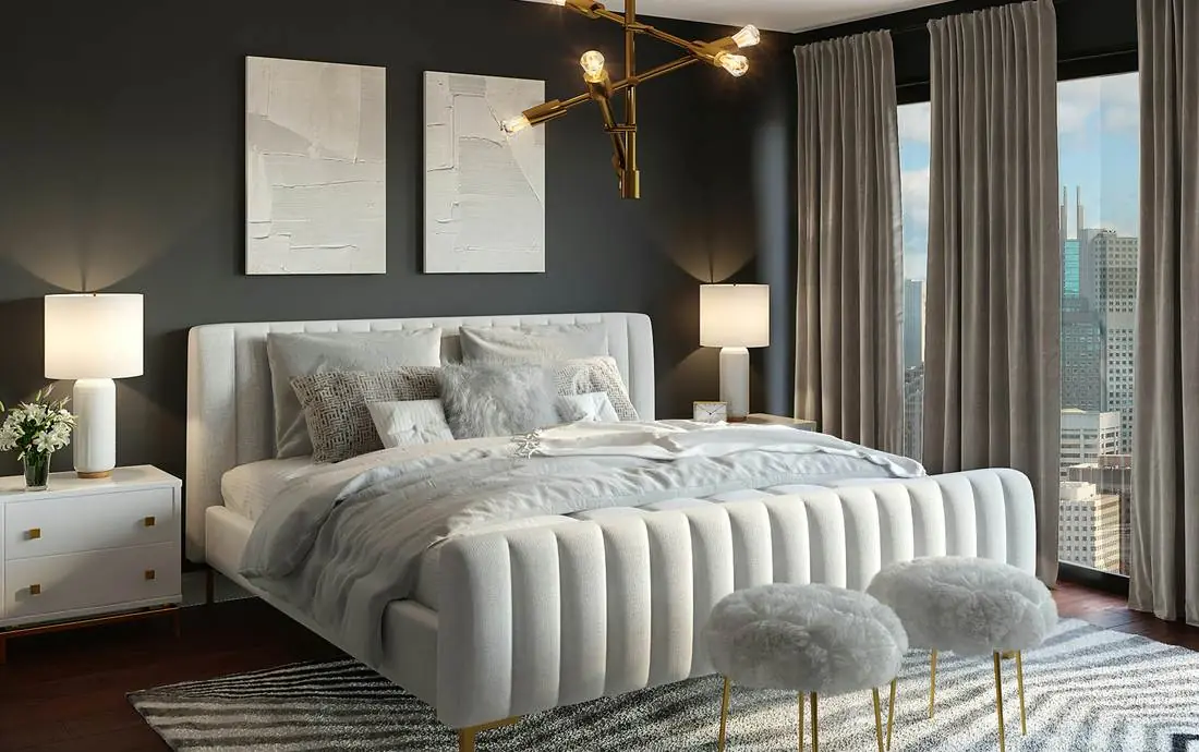 Bedroom, Feature wall, layered lighting, city view