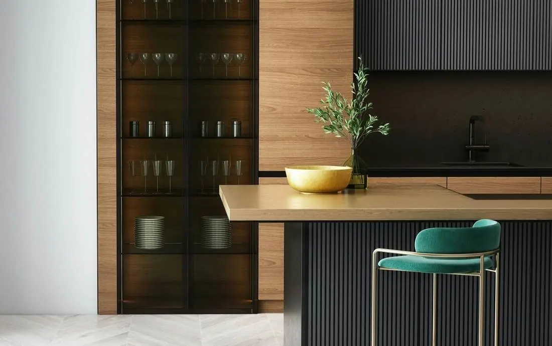Modular kitchen, Walnut and ribbed black, brass detailing