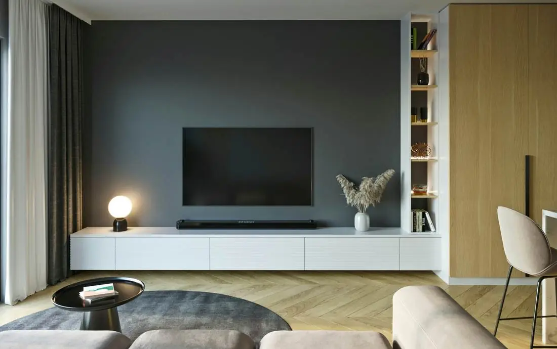 Living room, Veneer TV unit and display shelving